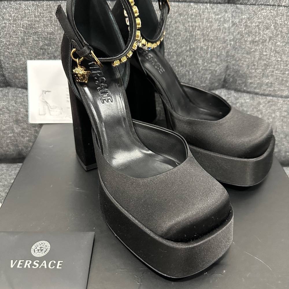 Versace Black High Platform Heels with Gold Chain